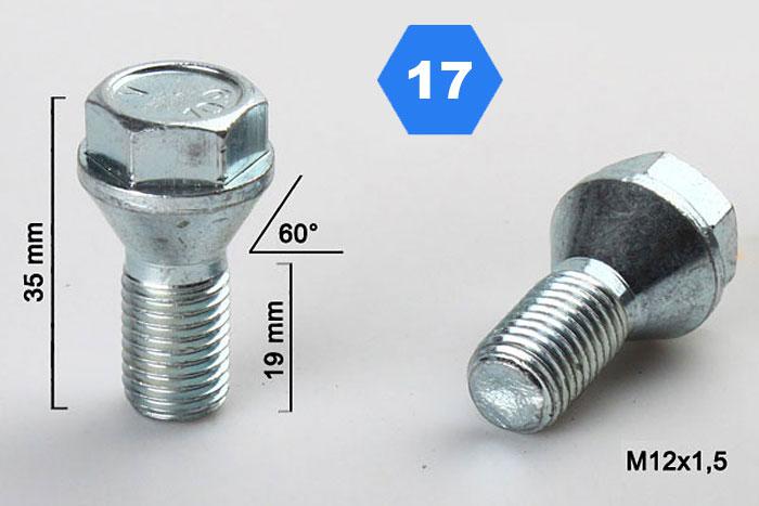 M12x1,5 Wielbout conisch lage kop, Draadlengte 19mm, SW 17